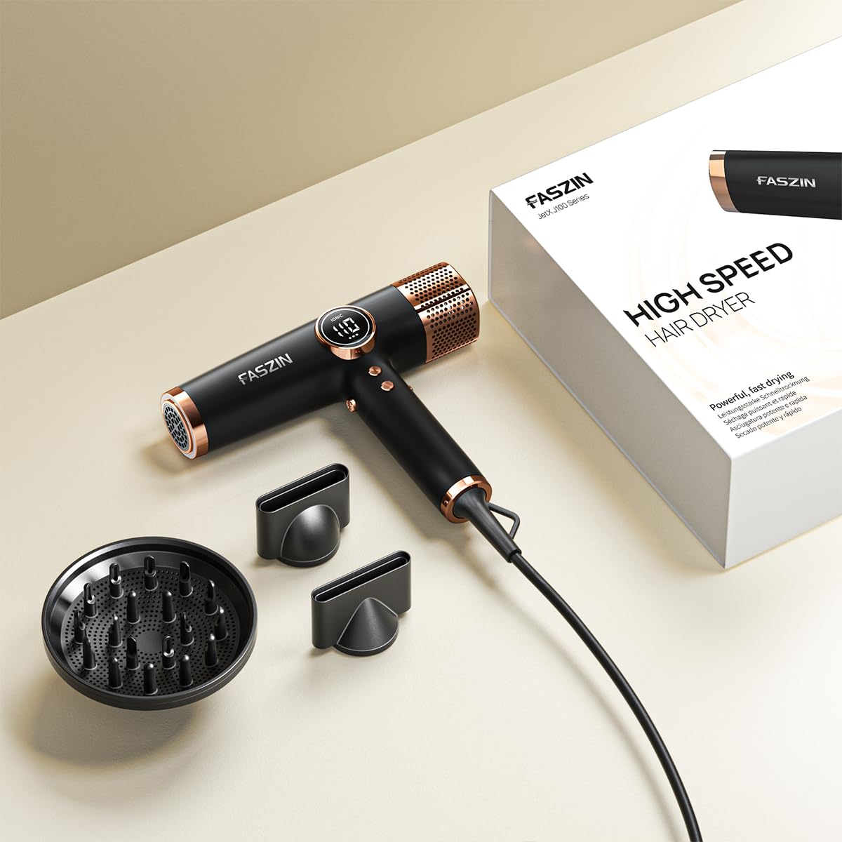 Faszin Lightweight High-Speed Hair Dryer 110,000 RPM Fast Drying Black DEMO