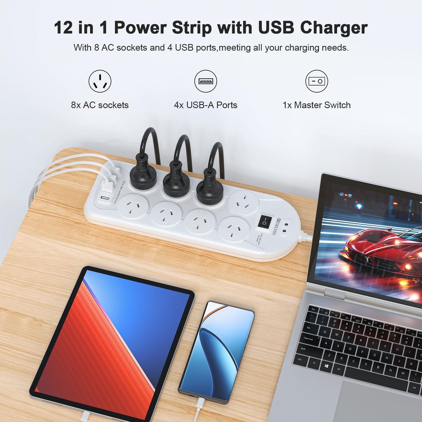 HITRENDS Power Strip with 8 AC Outlets and 4 USB Charging Ports Surge DEMO