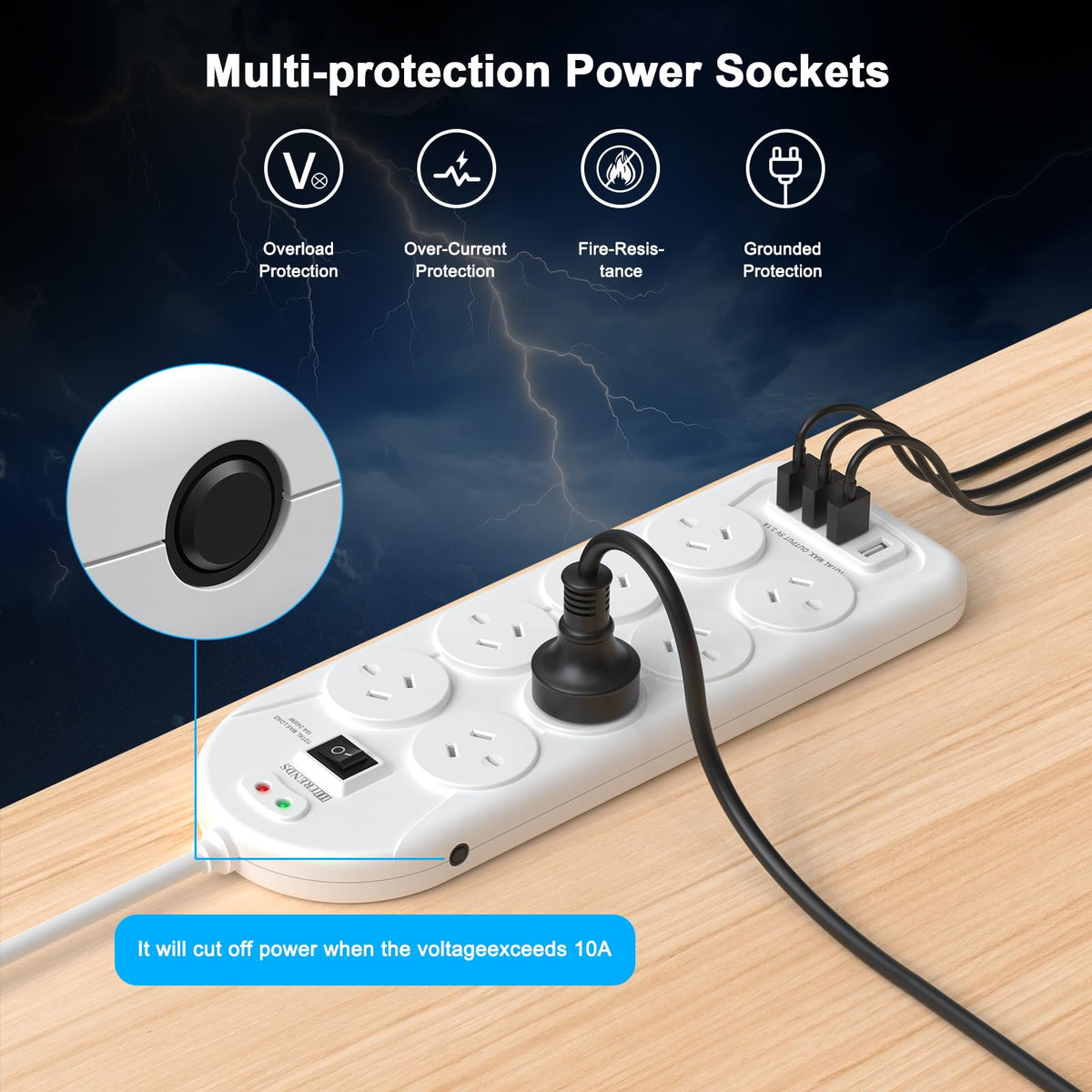 HITRENDS Power Strip with 8 AC Outlets and 4 USB Charging Ports Surge DEMO