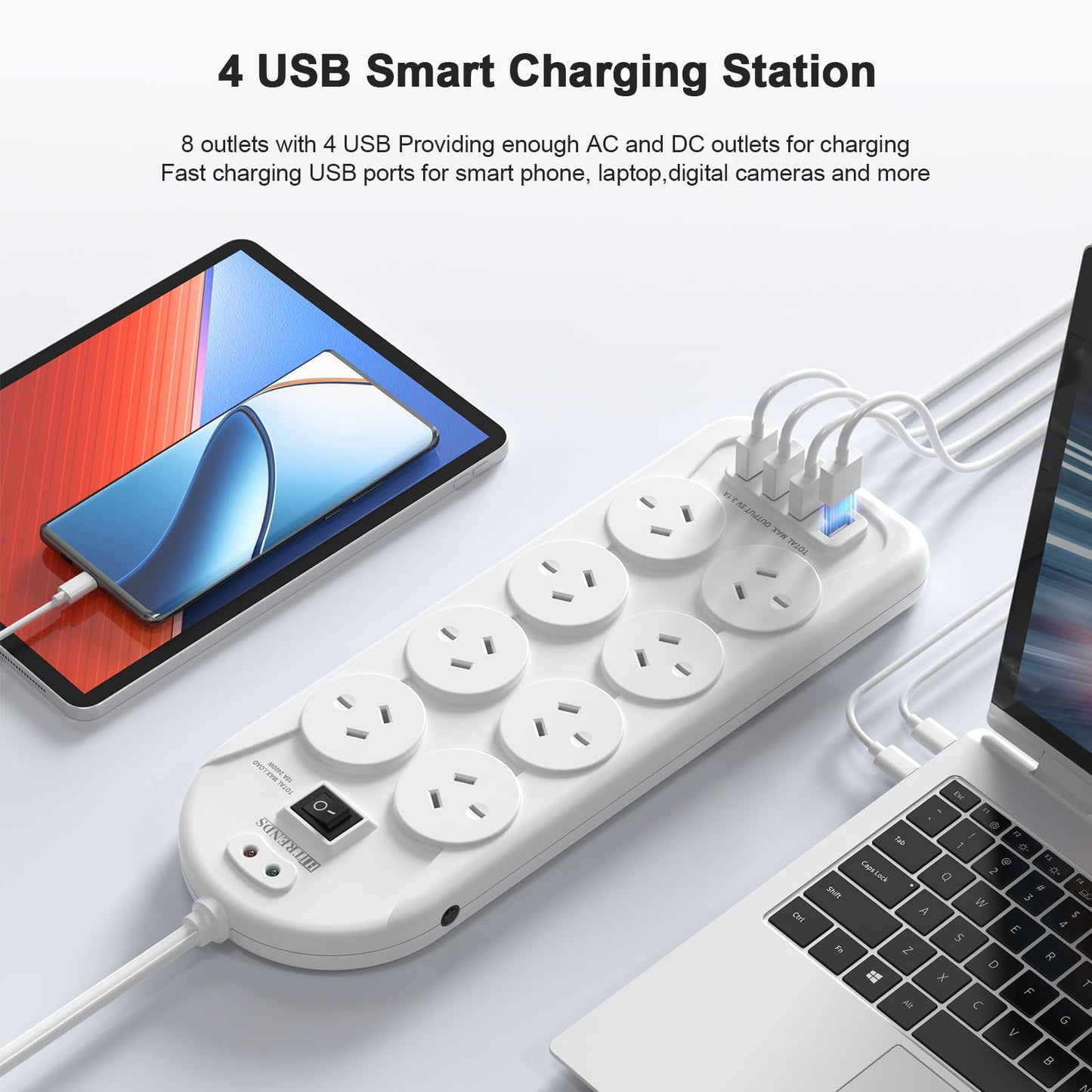 HITRENDS Power Strip with 8 AC Outlets and 4 USB Charging Ports Surge DEMO