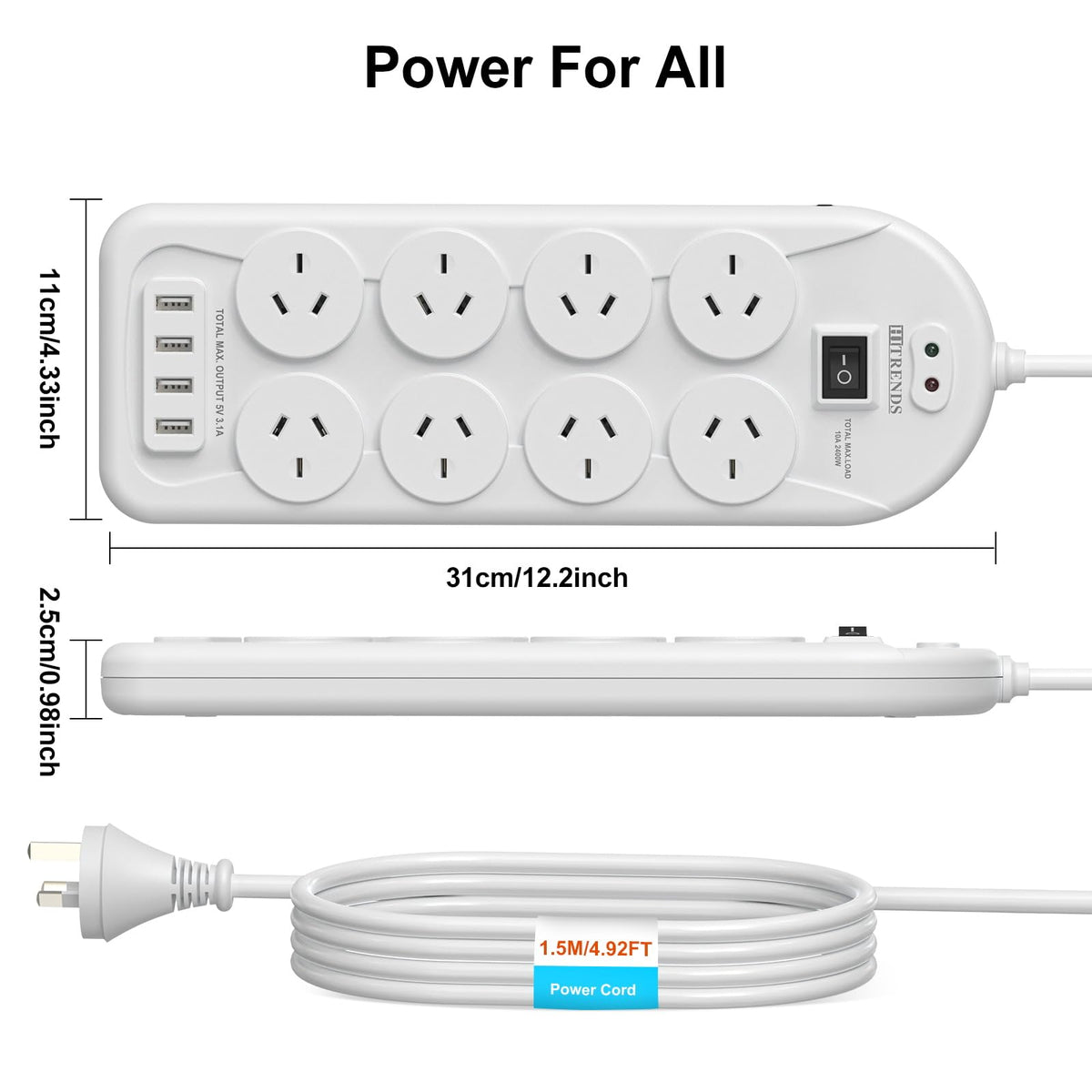HITRENDS Power Strip with 8 AC Outlets and 4 USB Charging Ports Surge DEMO