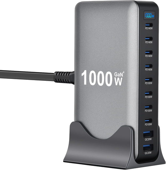 CyperEver 1000W Mains Chargers 10-Port USB-C GaN Fast Charging Station, NEW