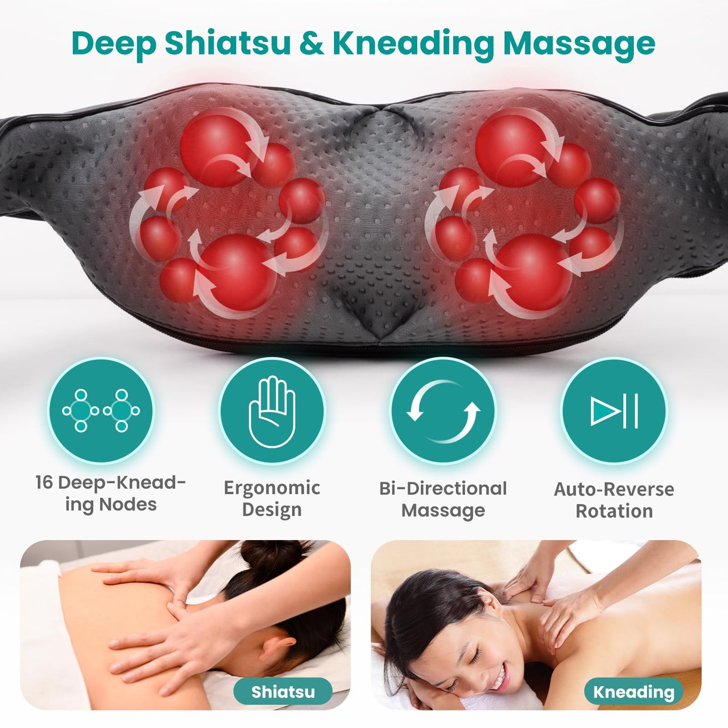 Nekteck Electric Shiatsu Neck and Back Massager with Soothing Heat, Black NEW