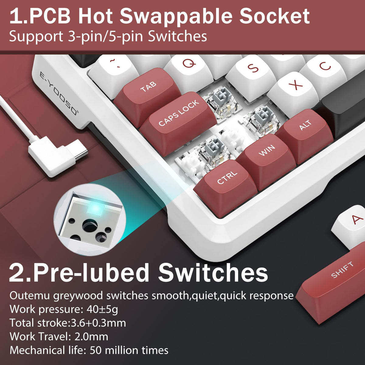 E-Yooso Red Mechanical Gaming Keyboard - Wired, Hot Swappable, Linear DEMO
