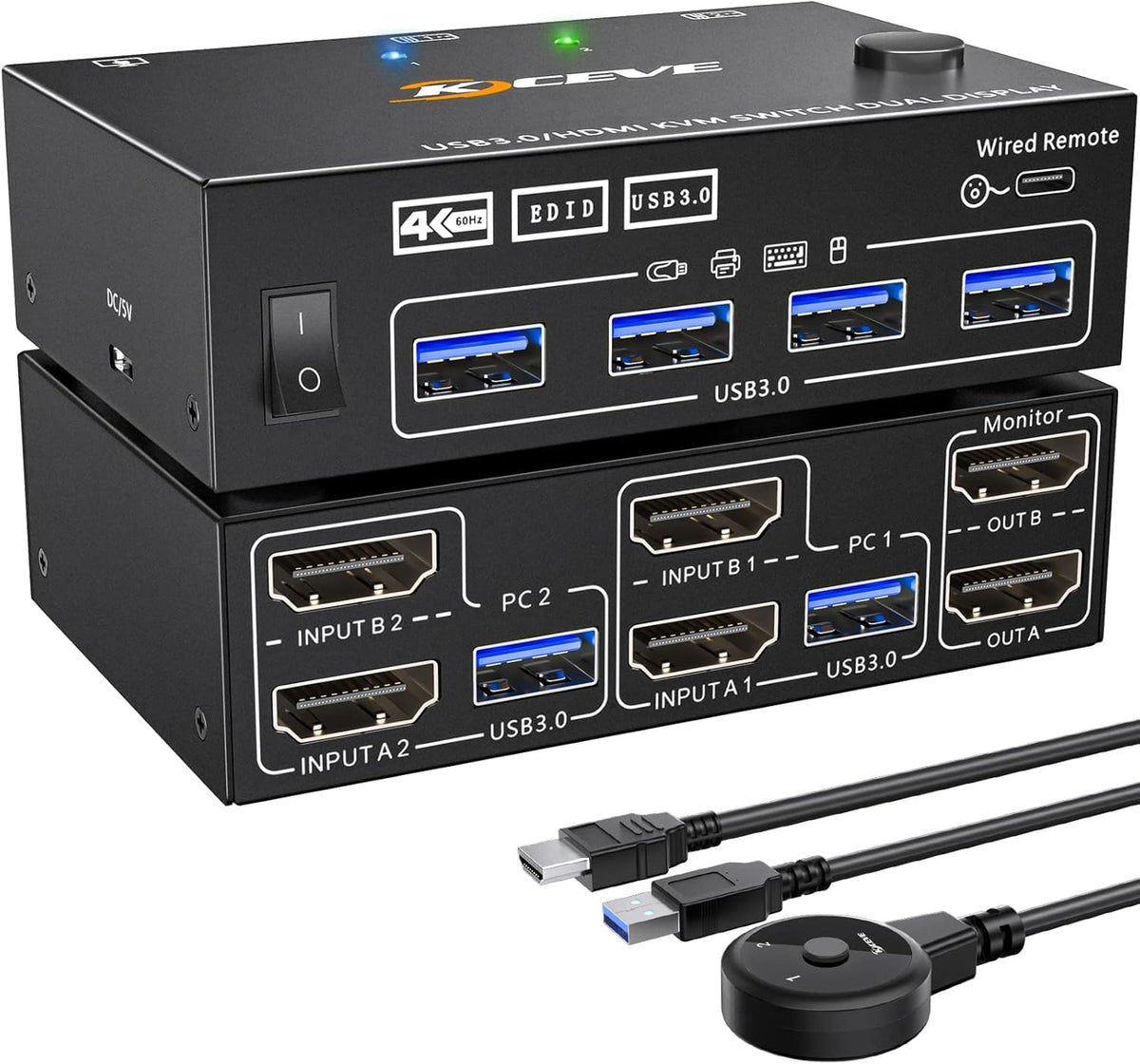 AOOCOO 4K KVM Switch Dual Monitor Selector Boxes for 2 Computers, Supports DEMO