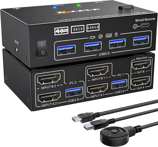 AOOCOO 4K KVM Switch Dual Monitor Selector Boxes for 2 Computers, Supports DEMO