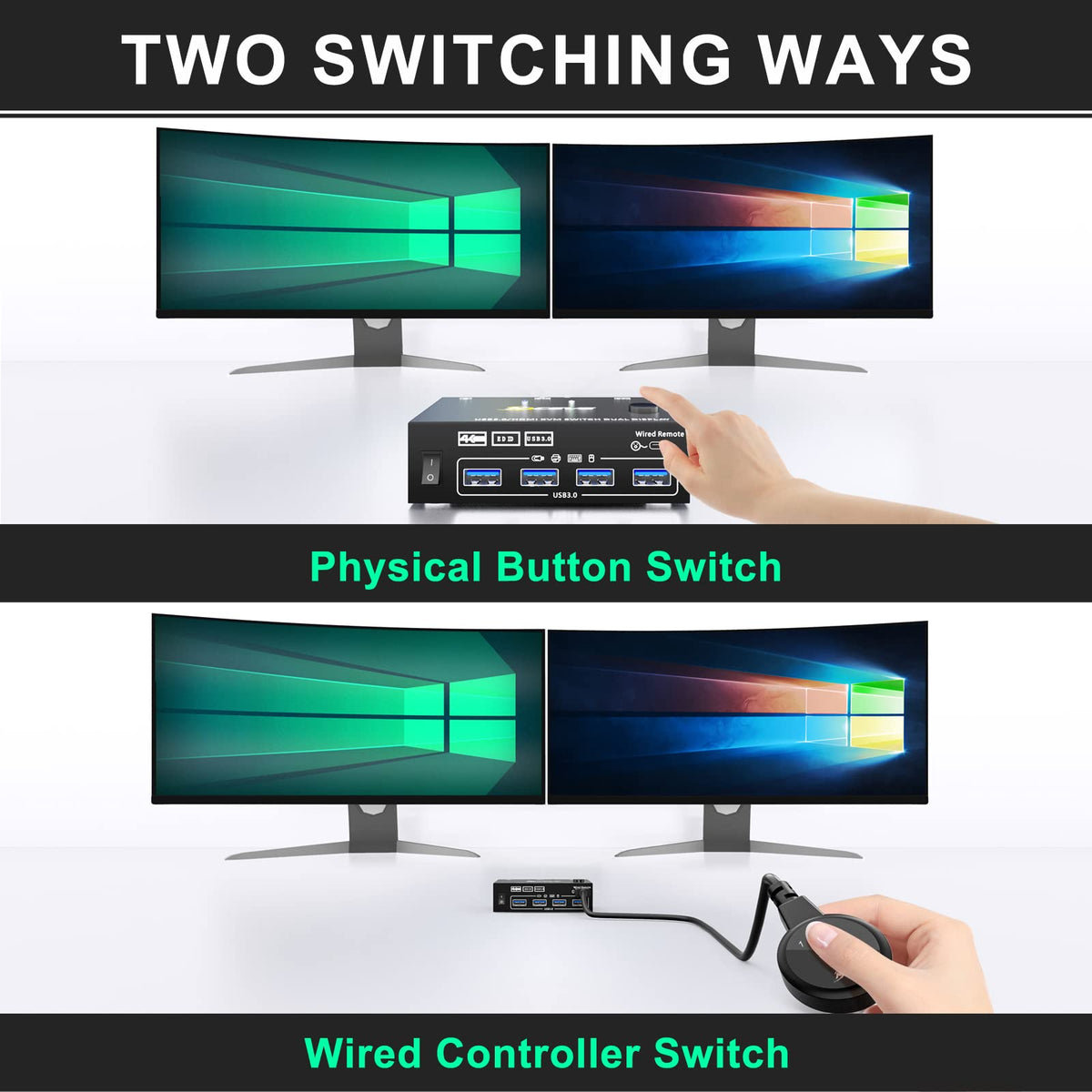 AOOCOO 4K KVM Switch Dual Monitor Selector Boxes for 2 Computers, Supports DEMO