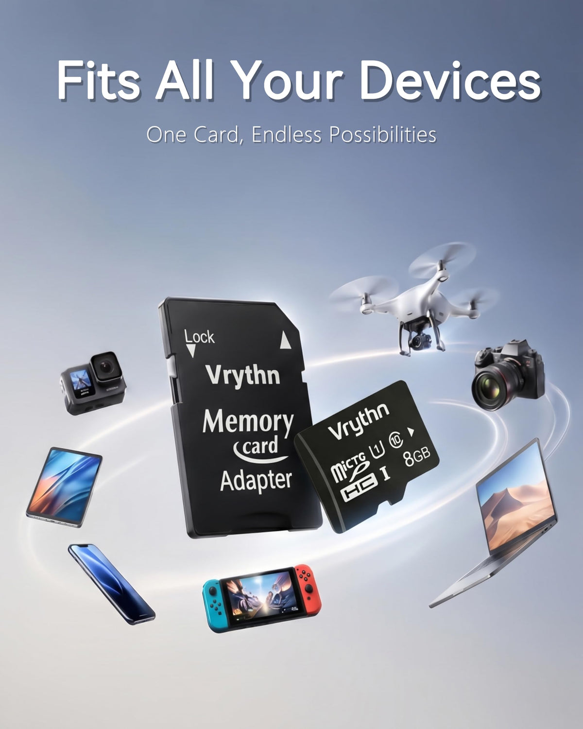 Vrythn 8GB Micro SD Card with Adapter, High Speed up to 90MB/s, Black NEW