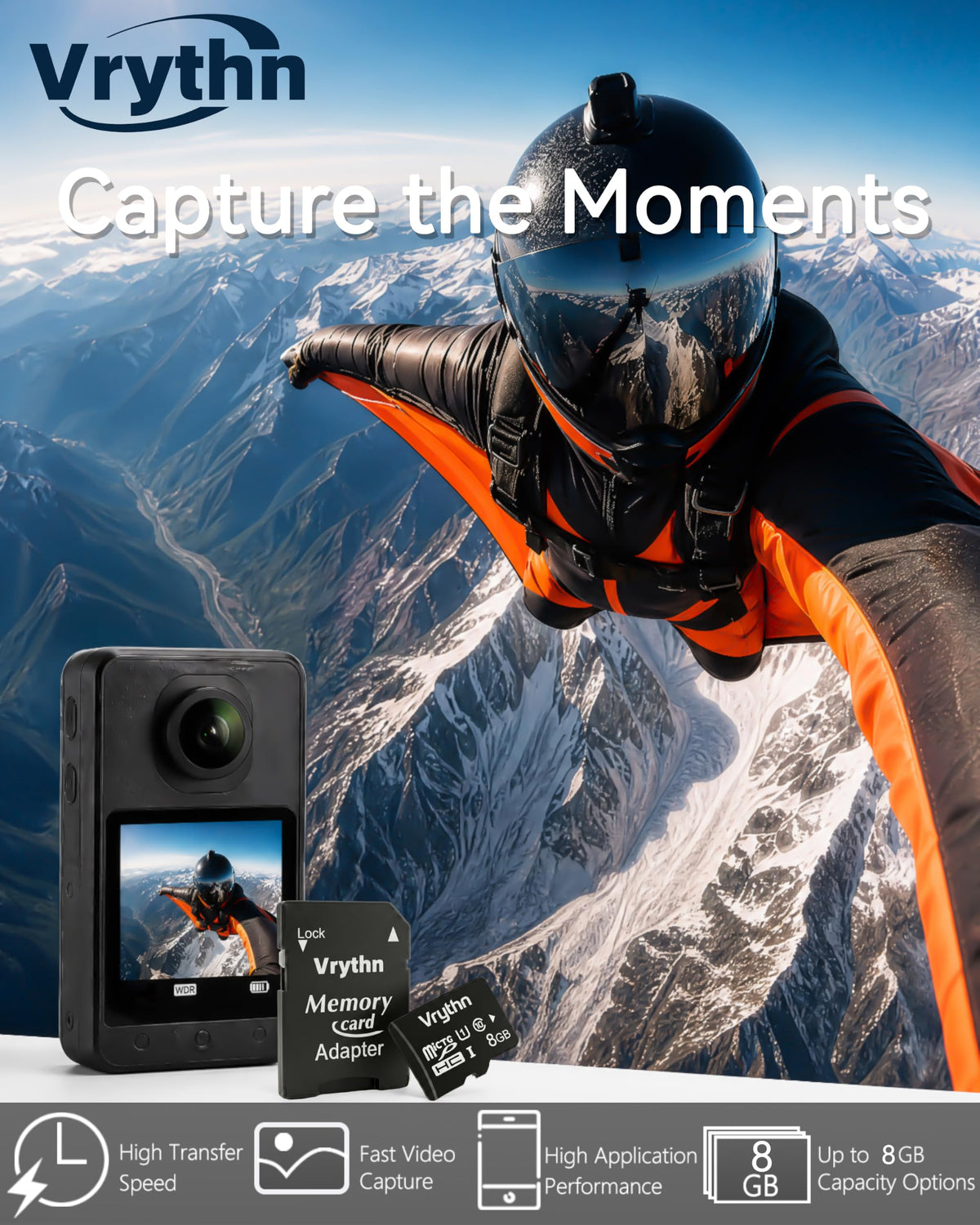 Vrythn 8GB Micro SD Card with Adapter, High Speed up to 90MB/s, Black NEW