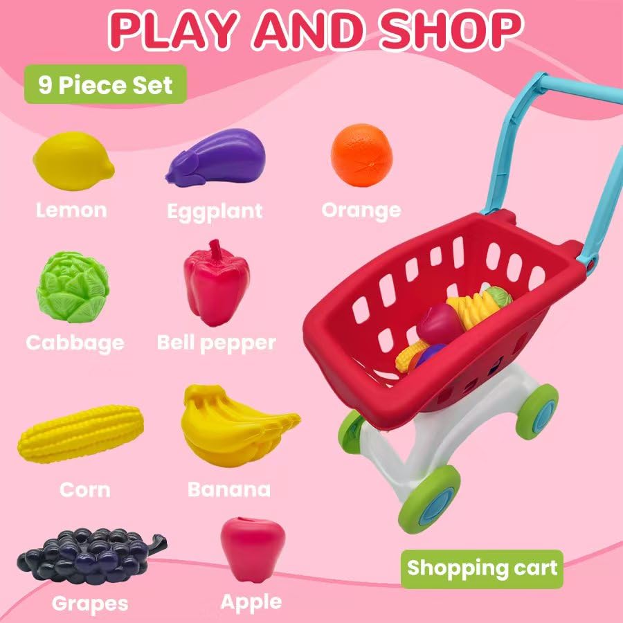MENGBEI Kids Sets Shopping Cart Pretend Play Toys Food Trolley Toddlers Red NEW