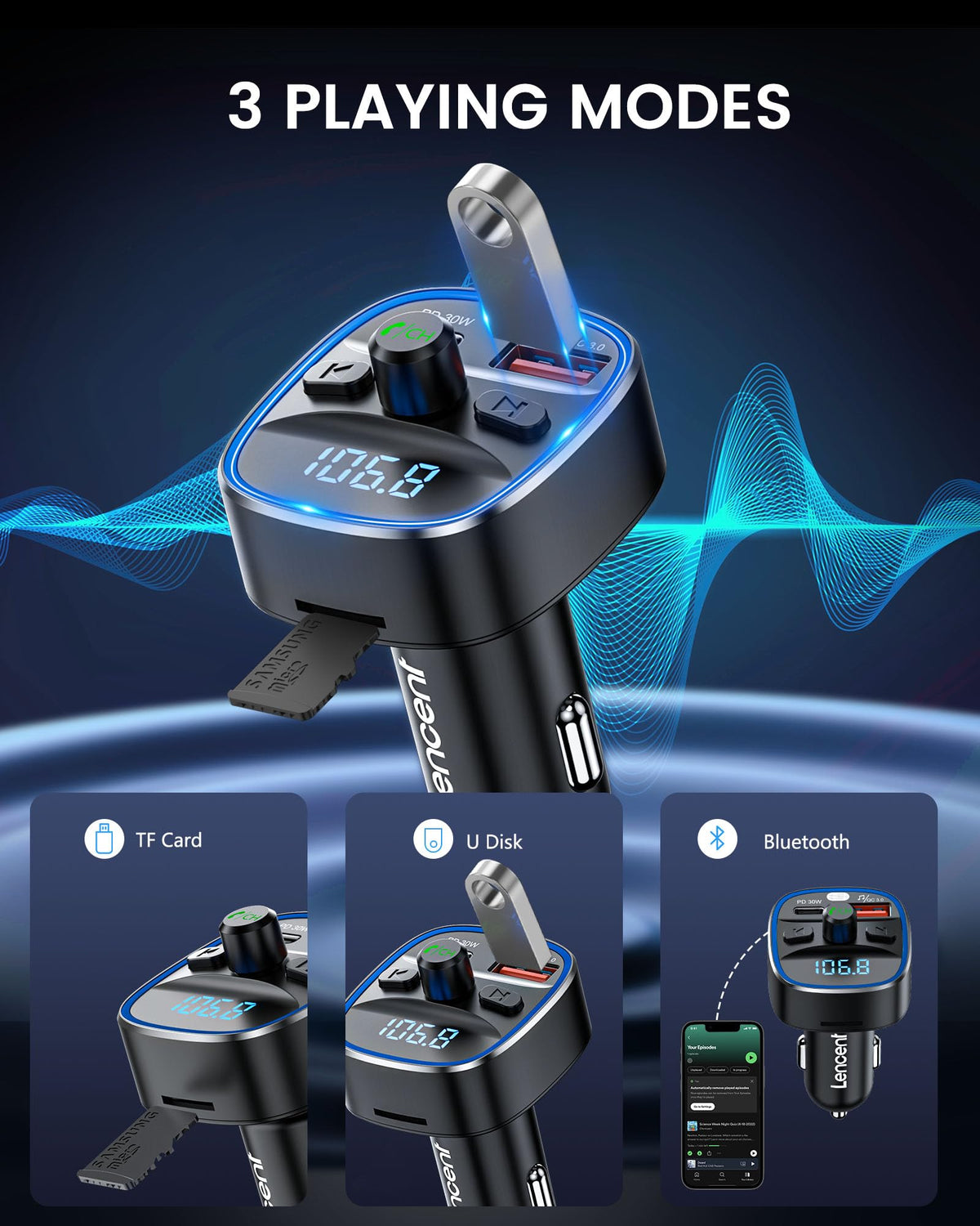 LENCENT Bluetooth Input Adapters 5.4 FM Transmitter Car Adapter 48W PD 30W NEW