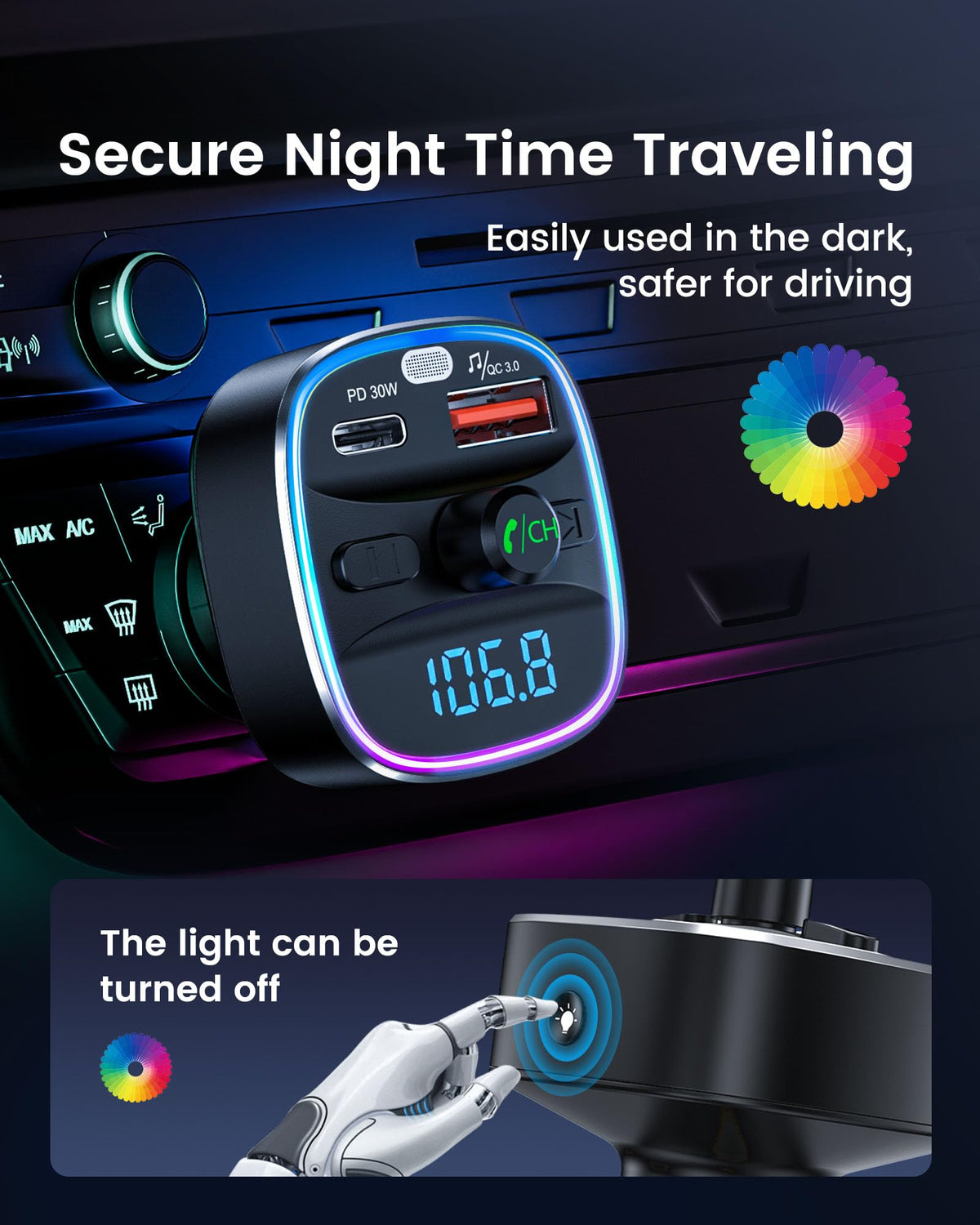 LENCENT Bluetooth Input Adapters 5.4 FM Transmitter Car Adapter 48W PD 30W NEW