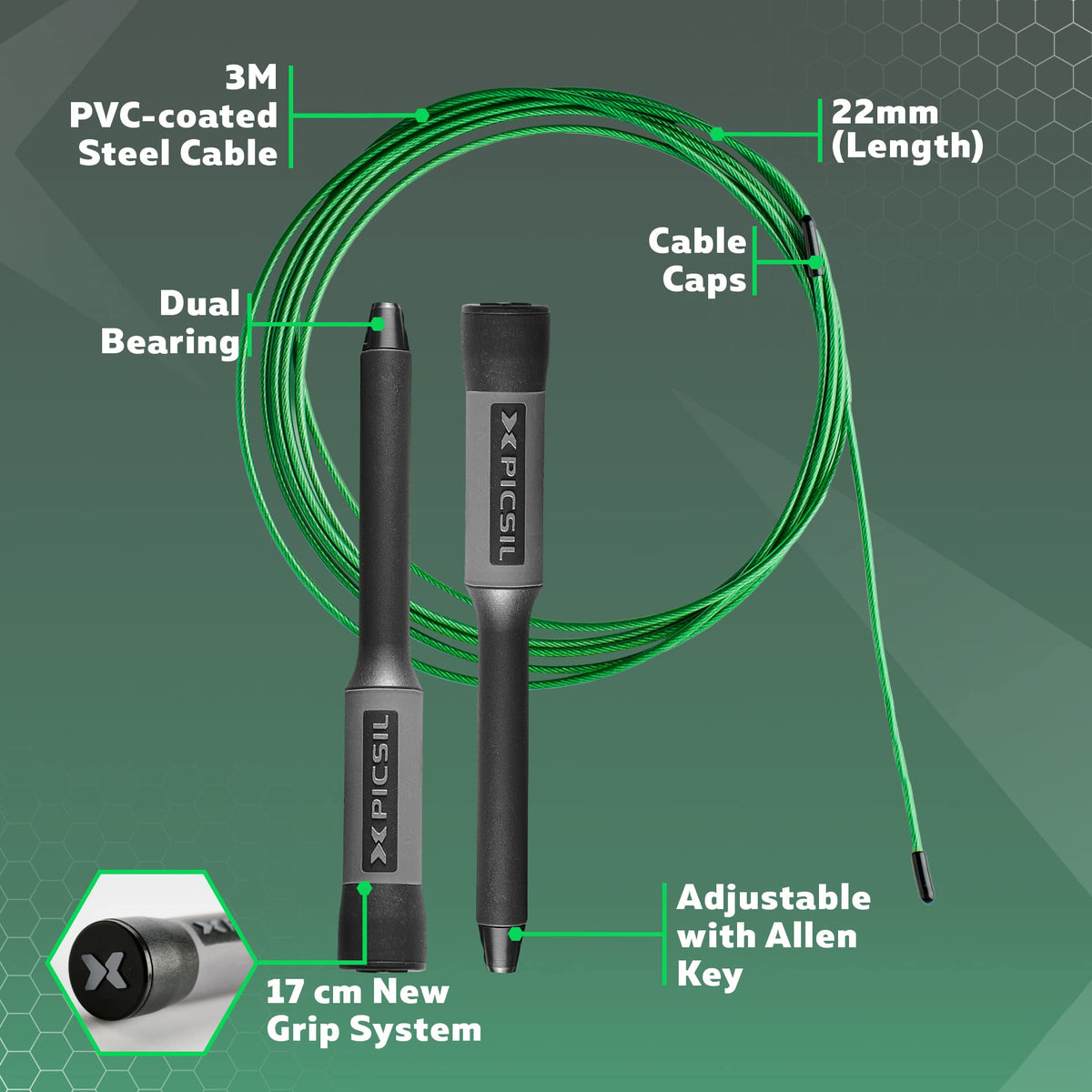 PICSIL Lightweight Speed Jump Rope for All Skill Levels Black Green Durable NEW