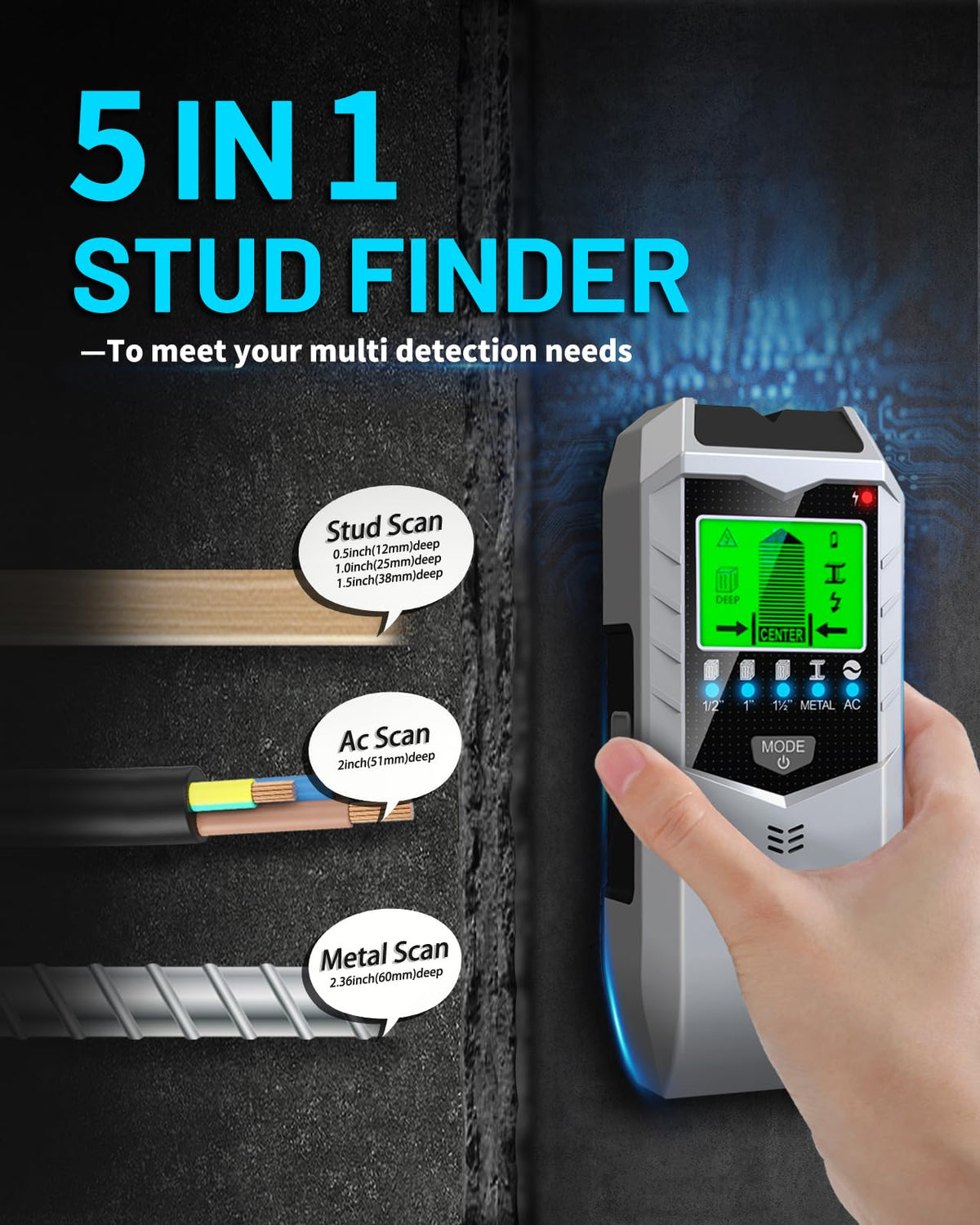 Koaluxe Portable 5-in-1 Wall Scanner Stud Sensor with LCD Display Silver DEMO