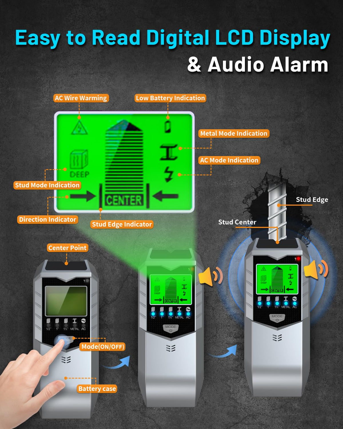 Koaluxe Portable 5-in-1 Wall Scanner Stud Sensor with LCD Display Silver DEMO
