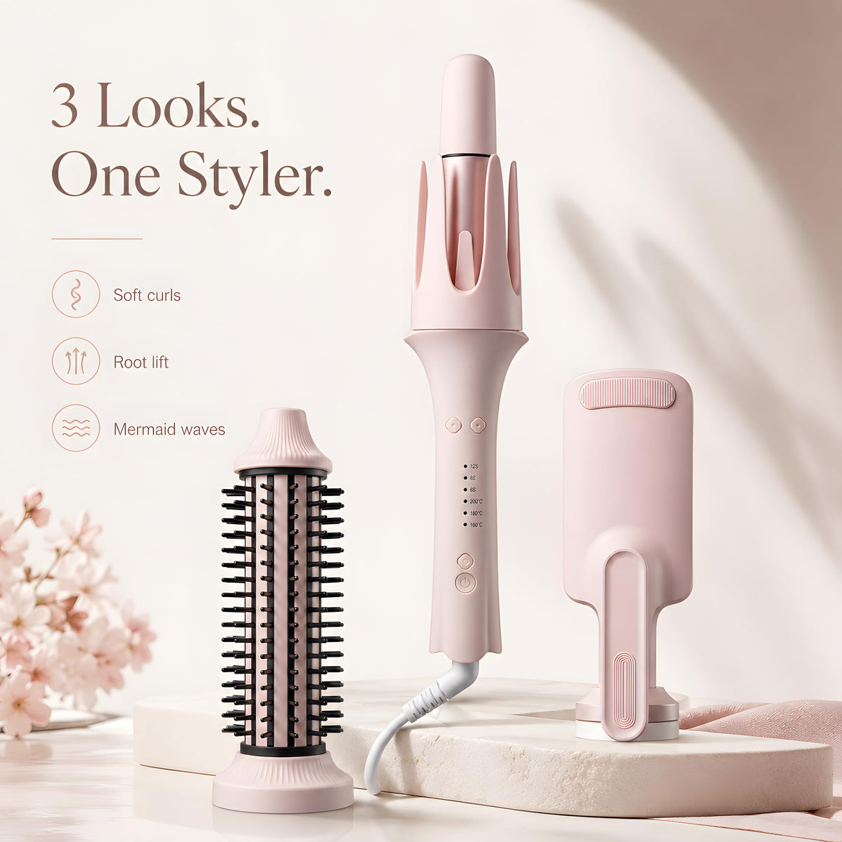 Vibraroo 3-in-1 Automatic Rotating Curling Iron with 32mm Barrel in Pink DEMO
