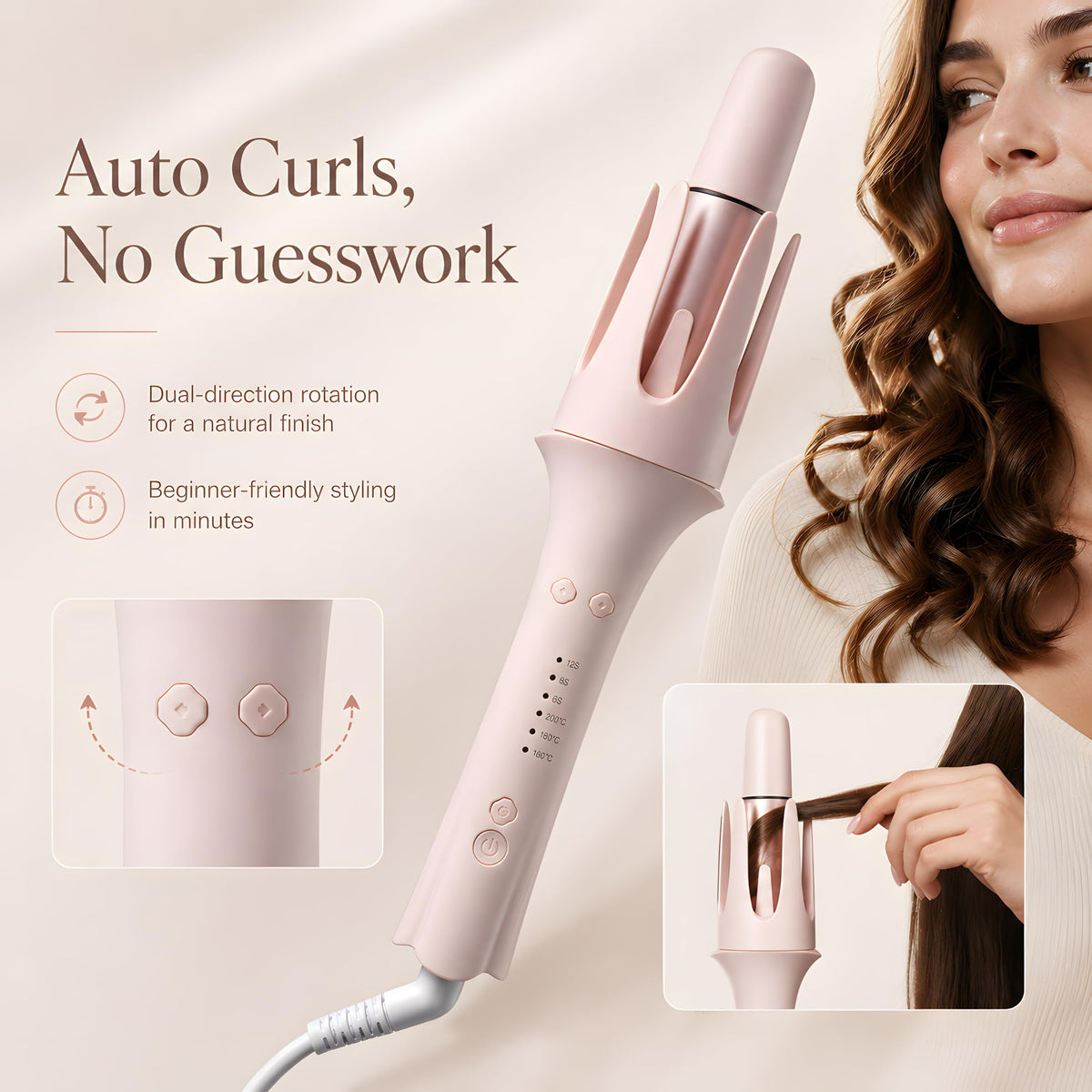 Vibraroo 3-in-1 Automatic Rotating Curling Iron with 32mm Barrel in Pink DEMO