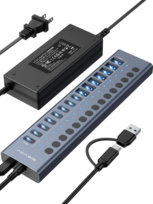 ACASIS 16-Port USB Hubs USB 3.2 Hub with 8 USB-A & USB-C Ports, Grey NEW