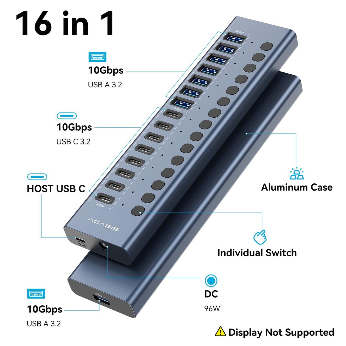ACASIS 16-Port USB Hubs USB 3.2 Hub with 8 USB-A & USB-C Ports, Grey NEW