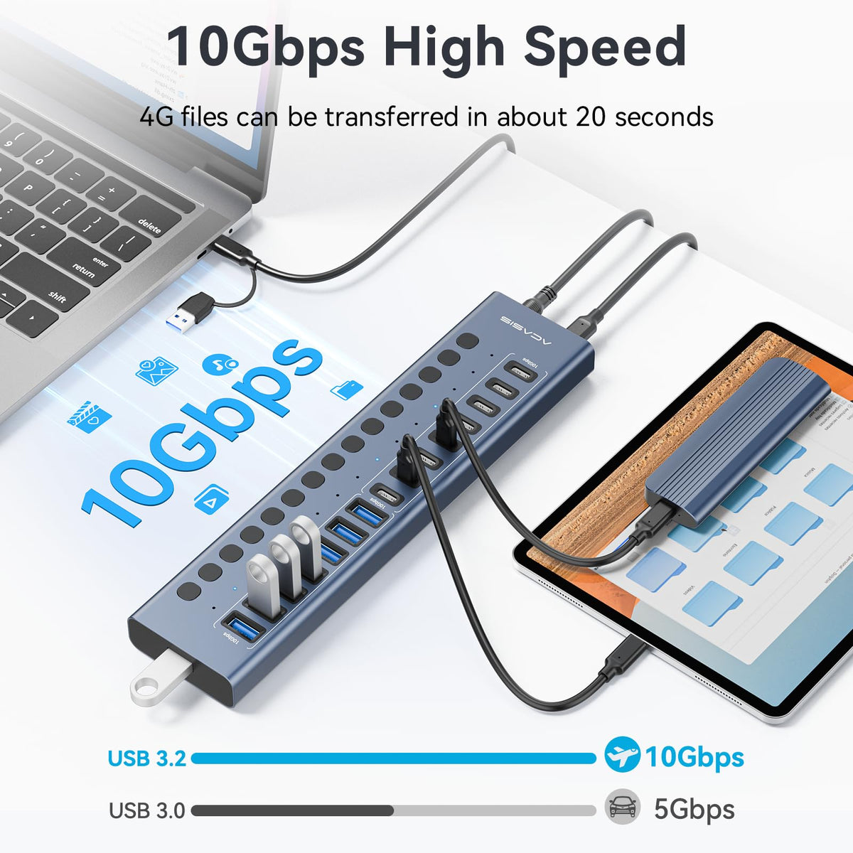 ACASIS 16-Port USB Hubs USB 3.2 Hub with 8 USB-A & USB-C Ports, Grey NEW