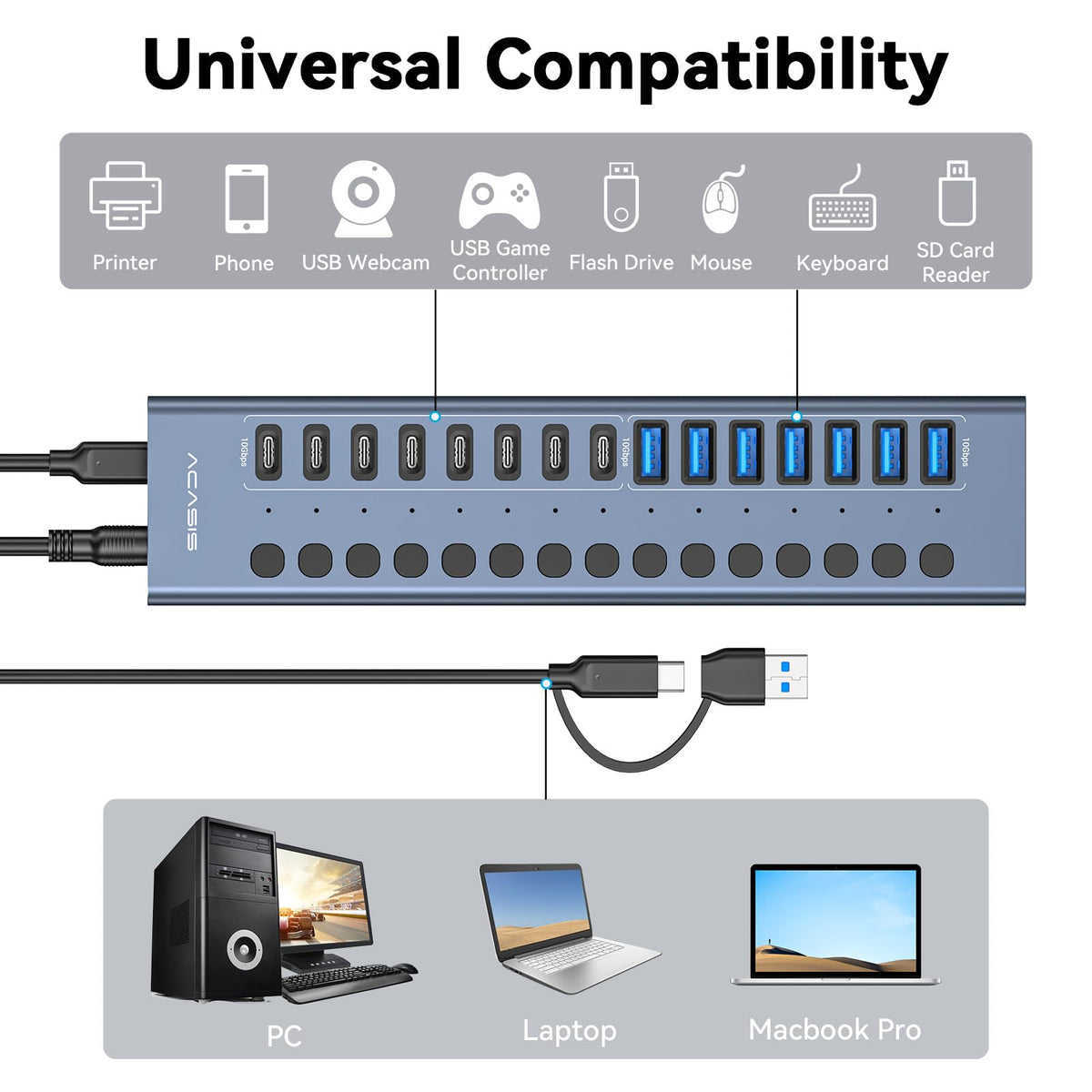 ACASIS 16-Port USB Hubs USB 3.2 Hub with 8 USB-A & USB-C Ports, Grey NEW