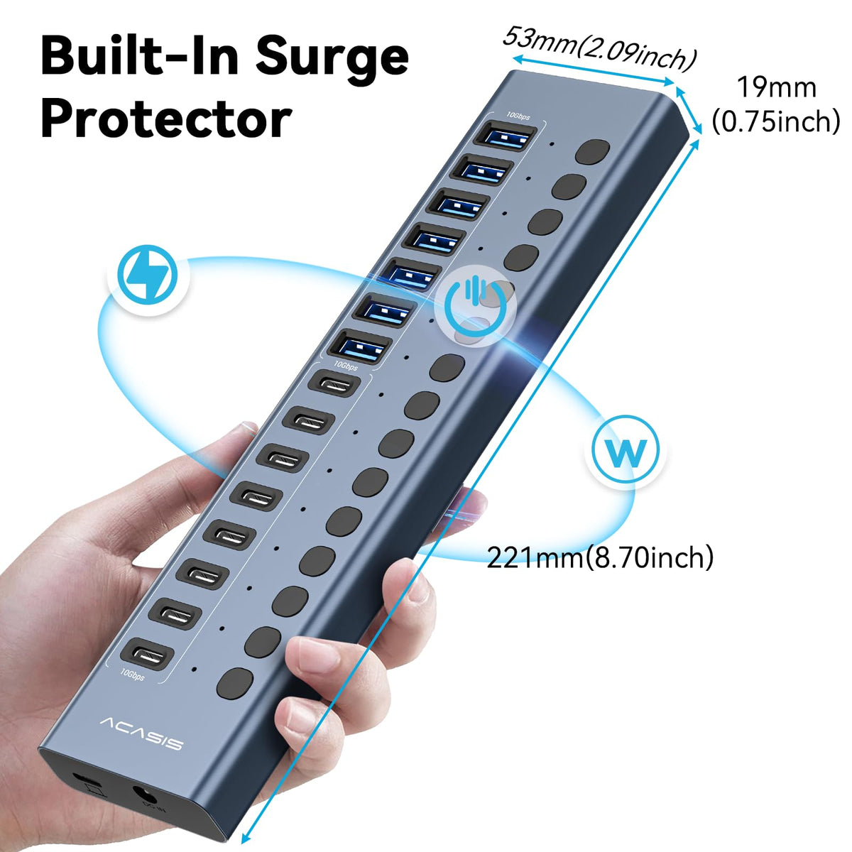 ACASIS 16-Port USB Hubs USB 3.2 Hub with 8 USB-A & USB-C Ports, Grey NEW