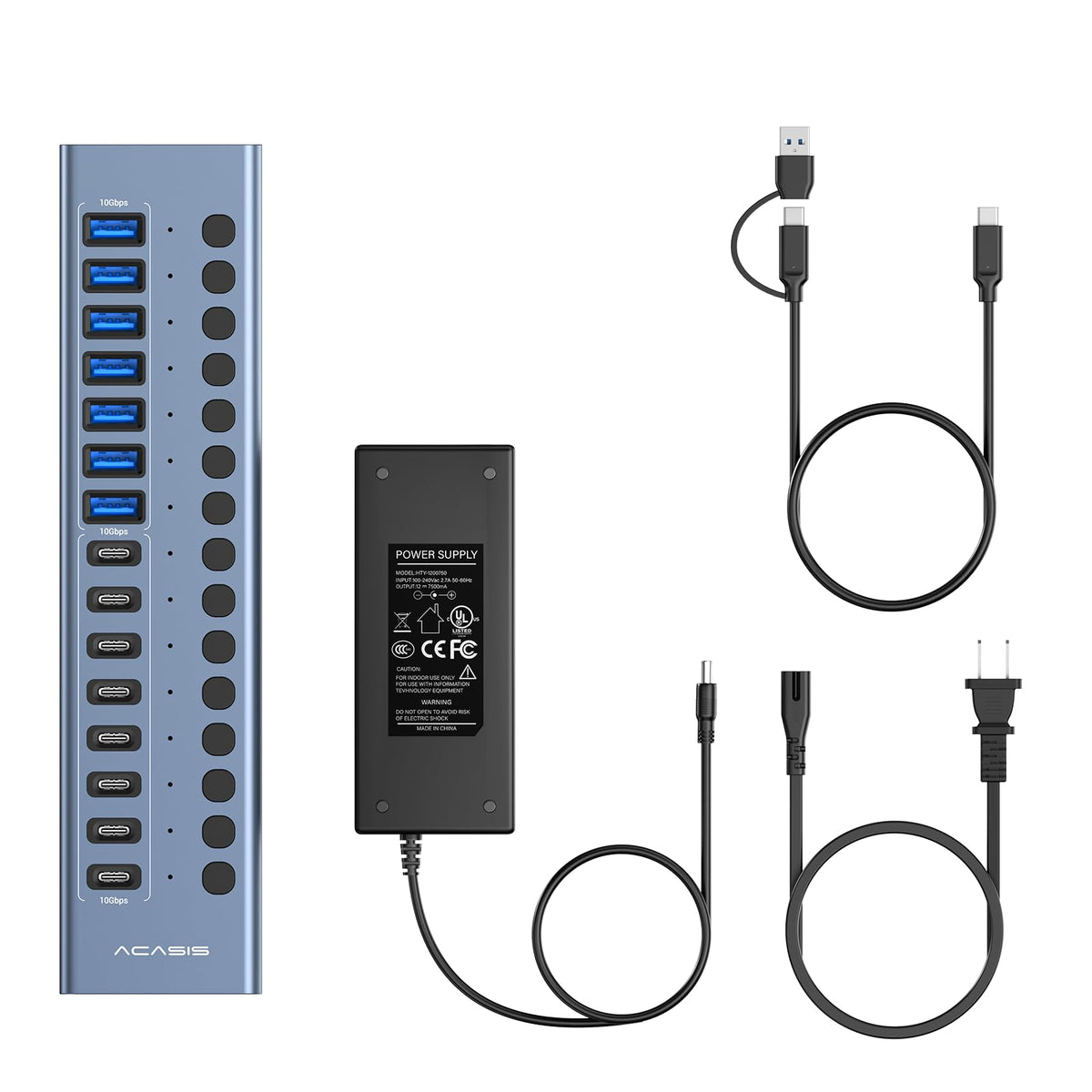 ACASIS 16-Port USB Hubs USB 3.2 Hub with 8 USB-A & USB-C Ports, Grey NEW