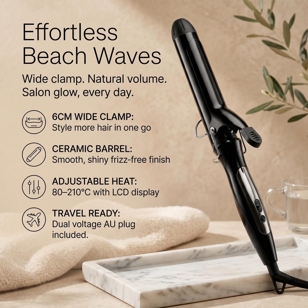 Vibraroo 25mm Wide Ceramic Curling Wand for Loose Waves and Beach Curls NEW