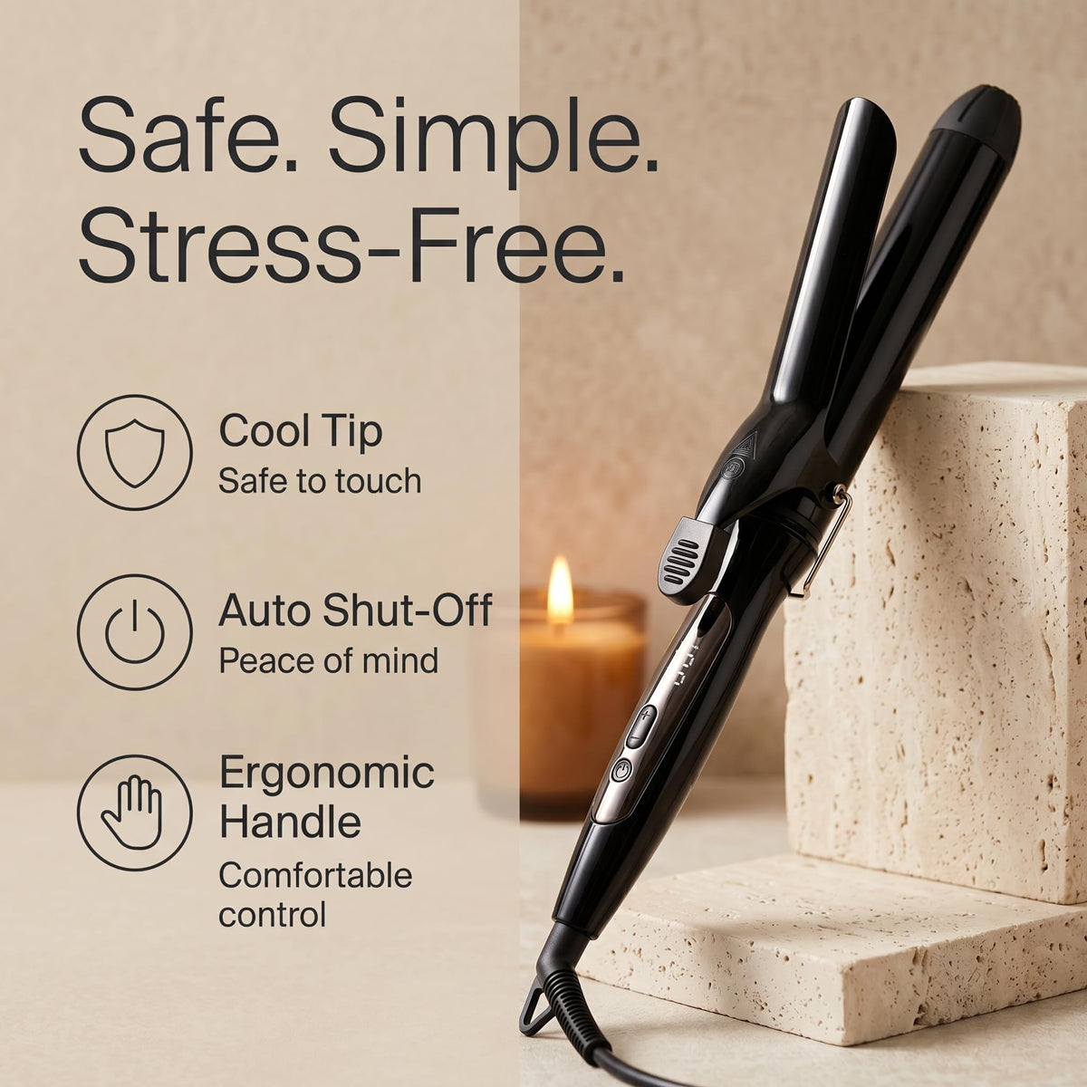 Vibraroo 25mm Wide Ceramic Curling Wand for Loose Waves and Beach Curls NEW