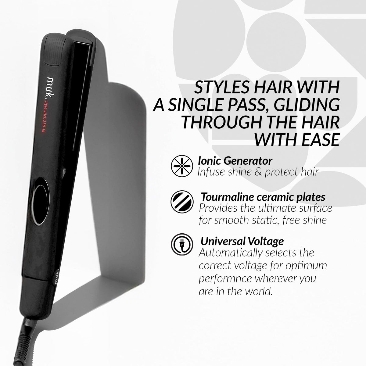 MUK. Professional Ceramic Hair Straightener for All Types, Black Size One NEW