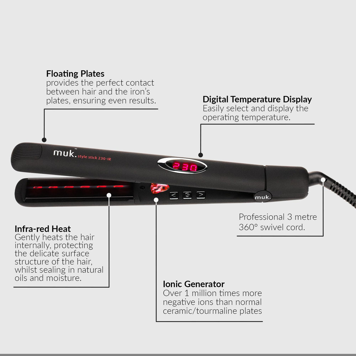 MUK. Professional Ceramic Hair Straightener for All Types, Black Size One NEW