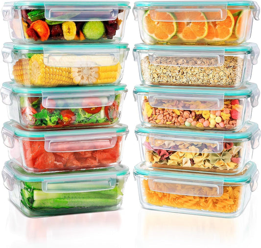 Feshory 10-Pack Container Sets Large Airtight Glass Food Storage Containers NEW
