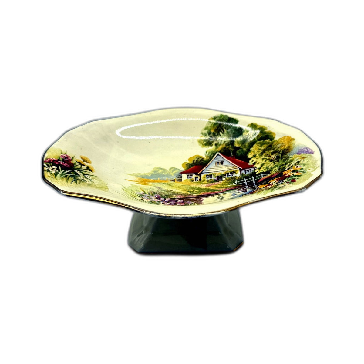 VINTAGE Royal Winton Decorative Ceramic Landscape Painting Pedestal Plate