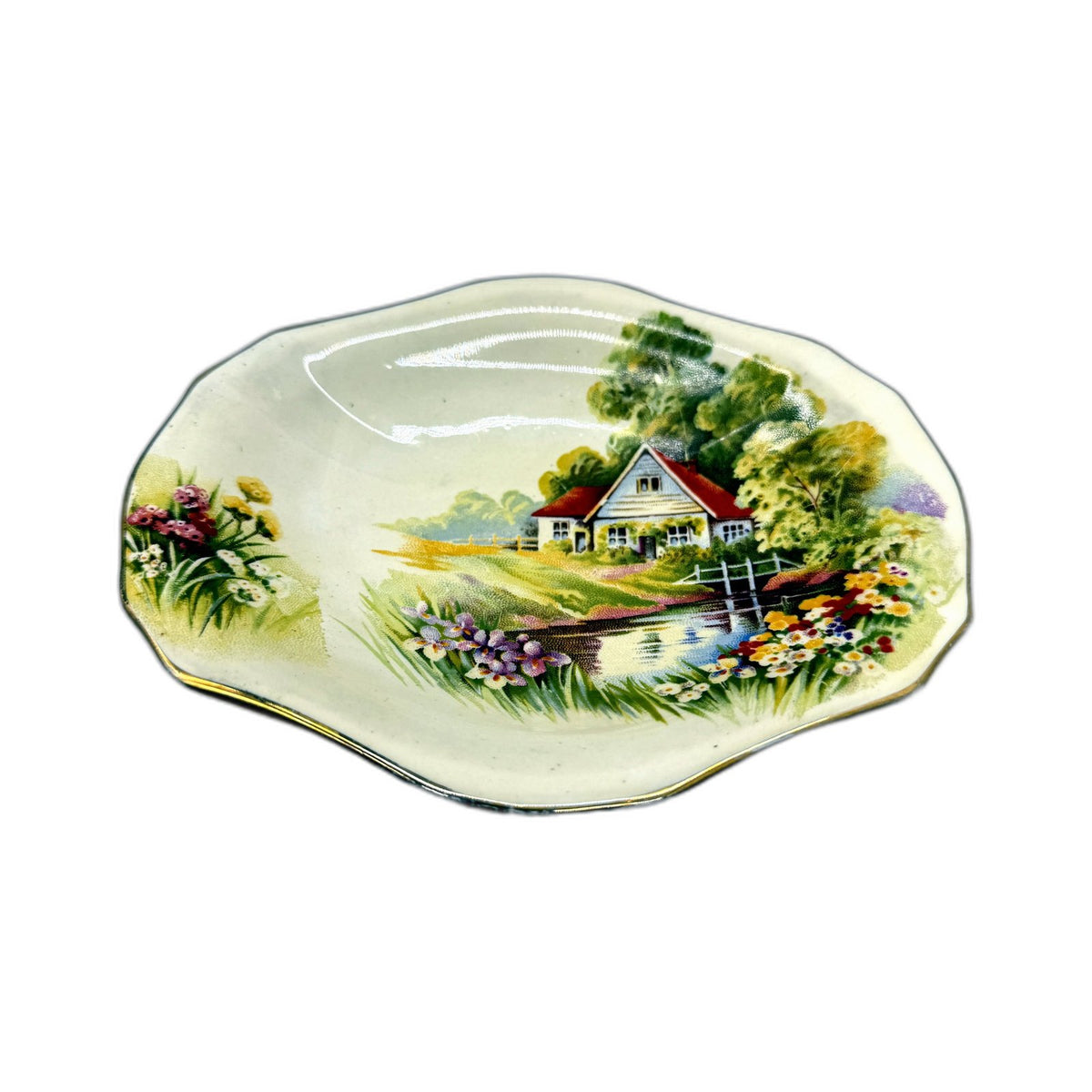 VINTAGE Royal Winton Decorative Ceramic Landscape Painting Pedestal Plate