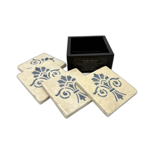 Henley House Decorative Marble Coasters Heat Resistant Stone Cream & Blue 4 Pack