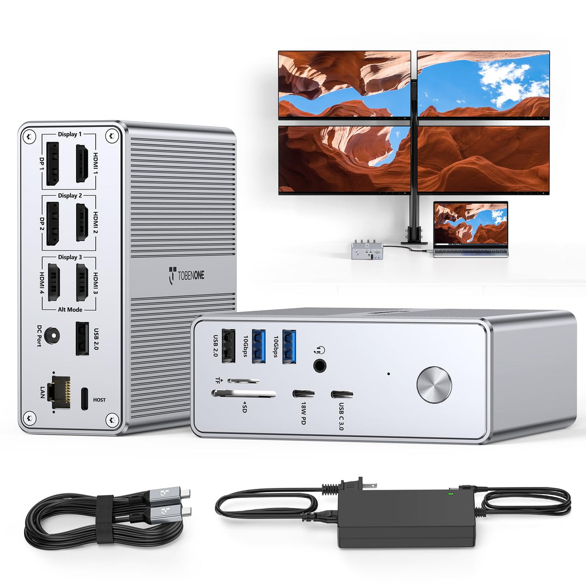 Tobenone 18-in-1 Quad Monitor Docking Station with 120W Power Adapter, Grey DEMO