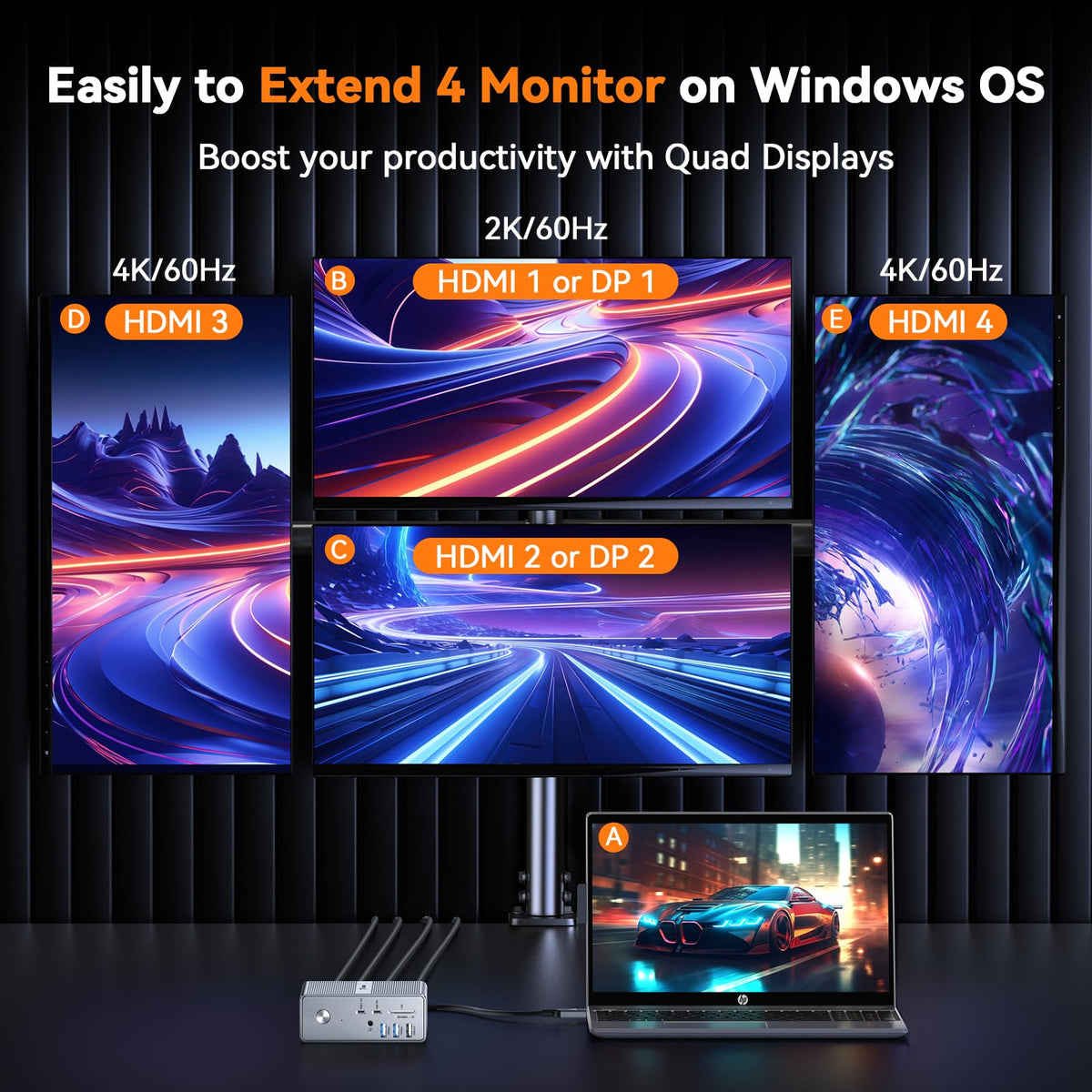 Tobenone 18-in-1 Quad Monitor Docking Station with 120W Power Adapter, Grey DEMO