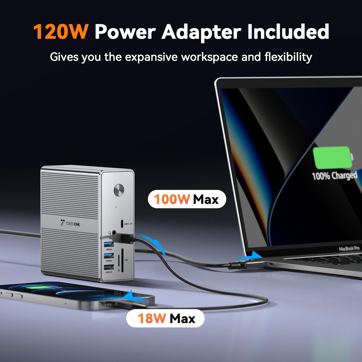 Tobenone 18-in-1 Quad Monitor Docking Station with 120W Power Adapter, Grey DEMO