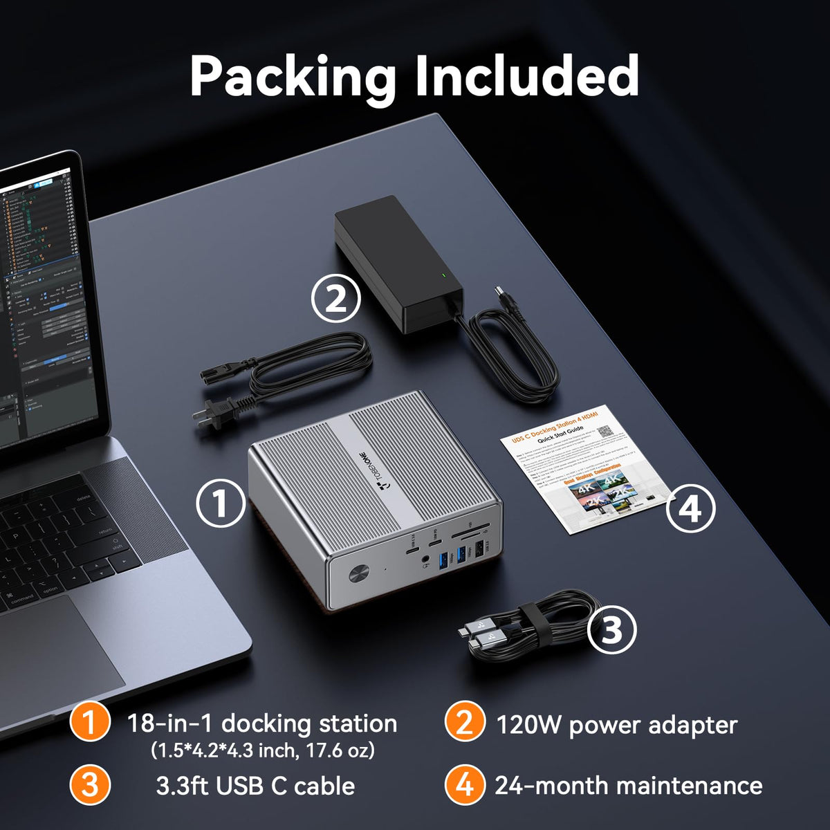 Tobenone 18-in-1 Quad Monitor Docking Station with 120W Power Adapter, Grey DEMO