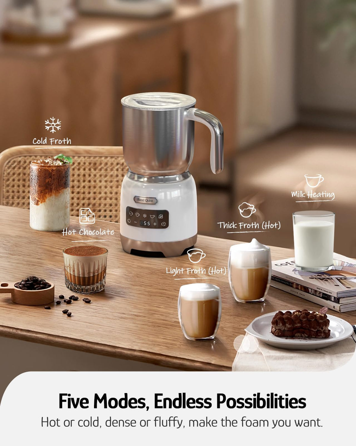 Hazel Quinn Automatic Milk Frother & Steamer 5-in-1 Hot Cold Frothing DEMO