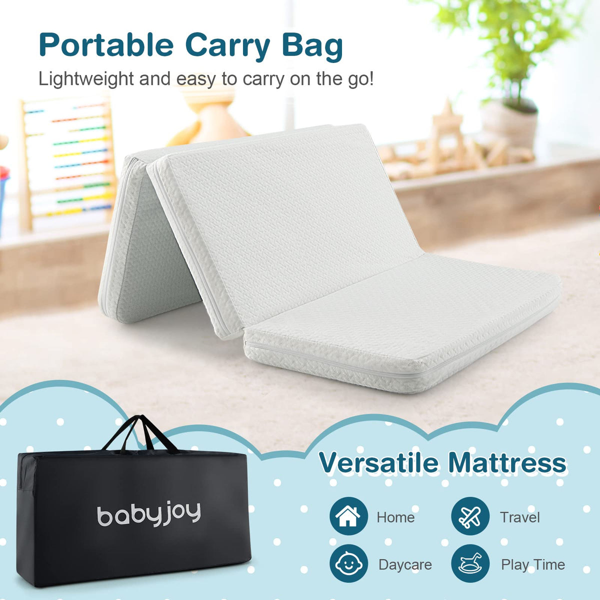 Baby Joy Mattresses Tri-Fold Folding Cot Mattress, Dual-Sided Foam Crib, NEW