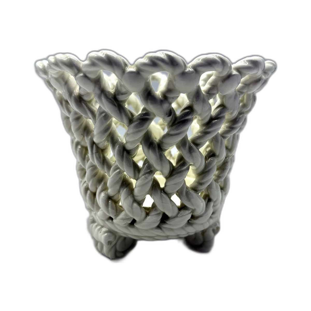 VINTAGE Handmade Made In Spain Plait Decorative White Ceramic Planter Pot