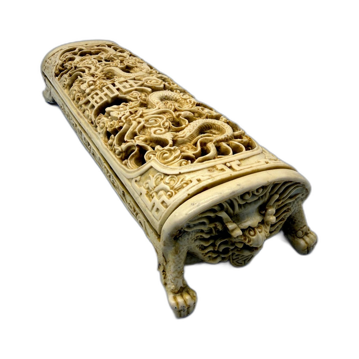 Ornate Carved Resin Dragon Themed Incense Trinket Storage Box Hinged Lid