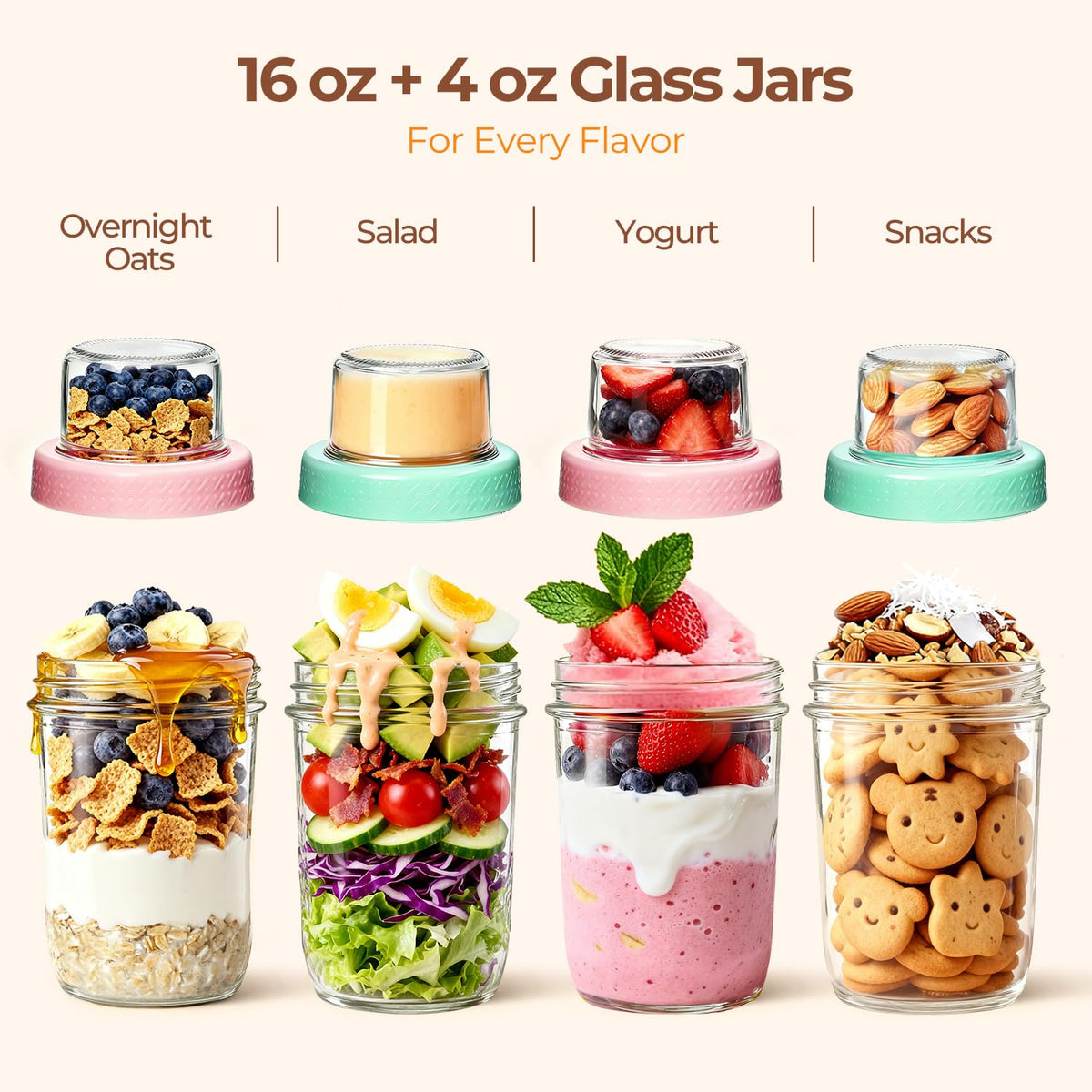 ComSaf Dual-Layer Chia Pudding Overnight Oats Storage Jars with Lids Green NEW
