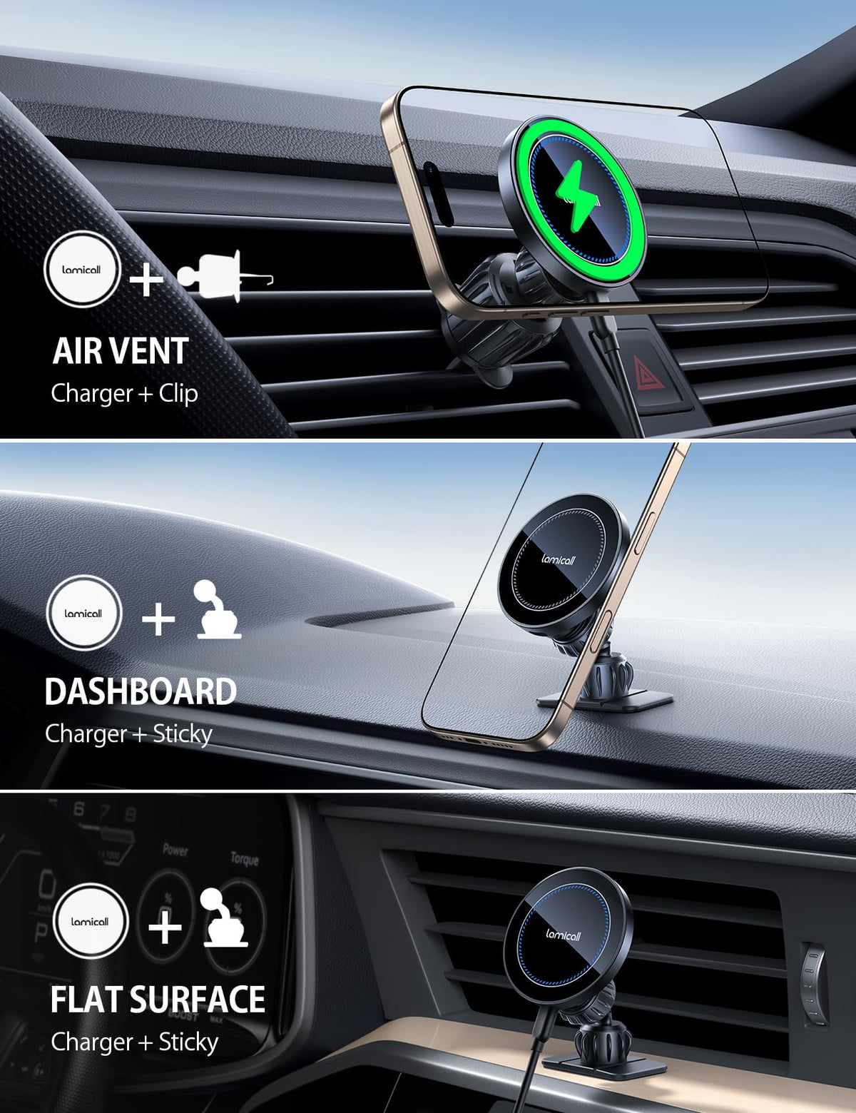 Lamicall 15W Automobile Chargers Wireless Car Mount Charger 360 Degree NEW