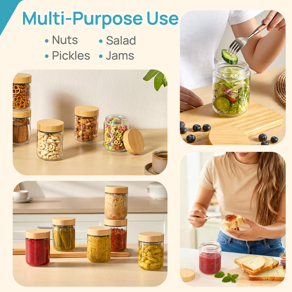 Vtopmart 16 oz Glass Storage Jars with Bamboo Lids 6 Pack NEW