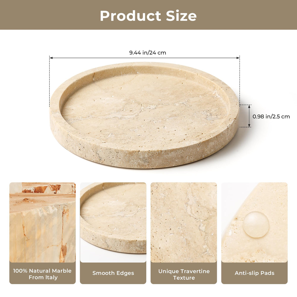 WORHE Decorative Travertine Round Tray for Bathroom Dresser Counter Home NEW