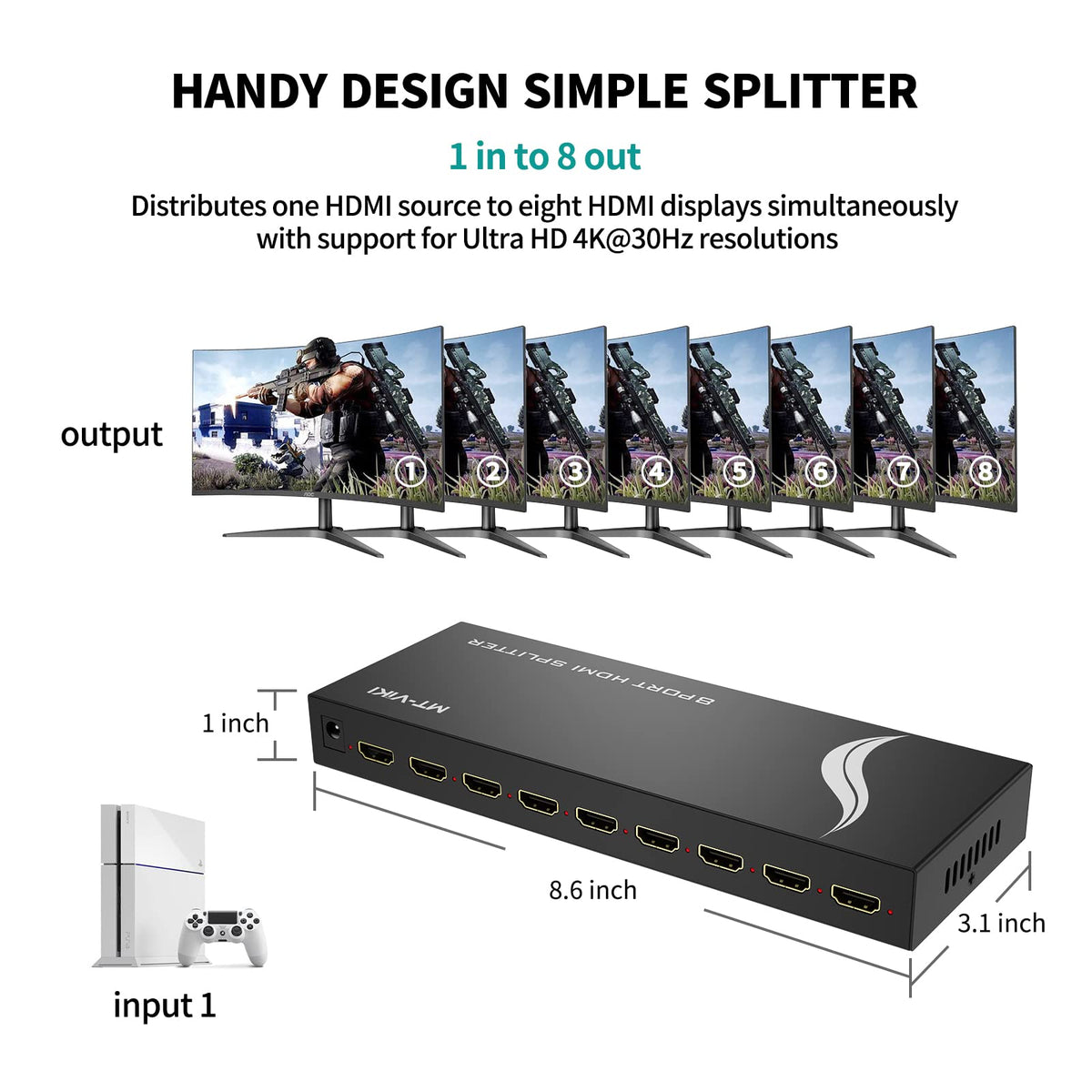 MT-VIKI 4K Splitters HDMI Splitter 1 in 8 Out Powered Multi-Monitor Display NEW