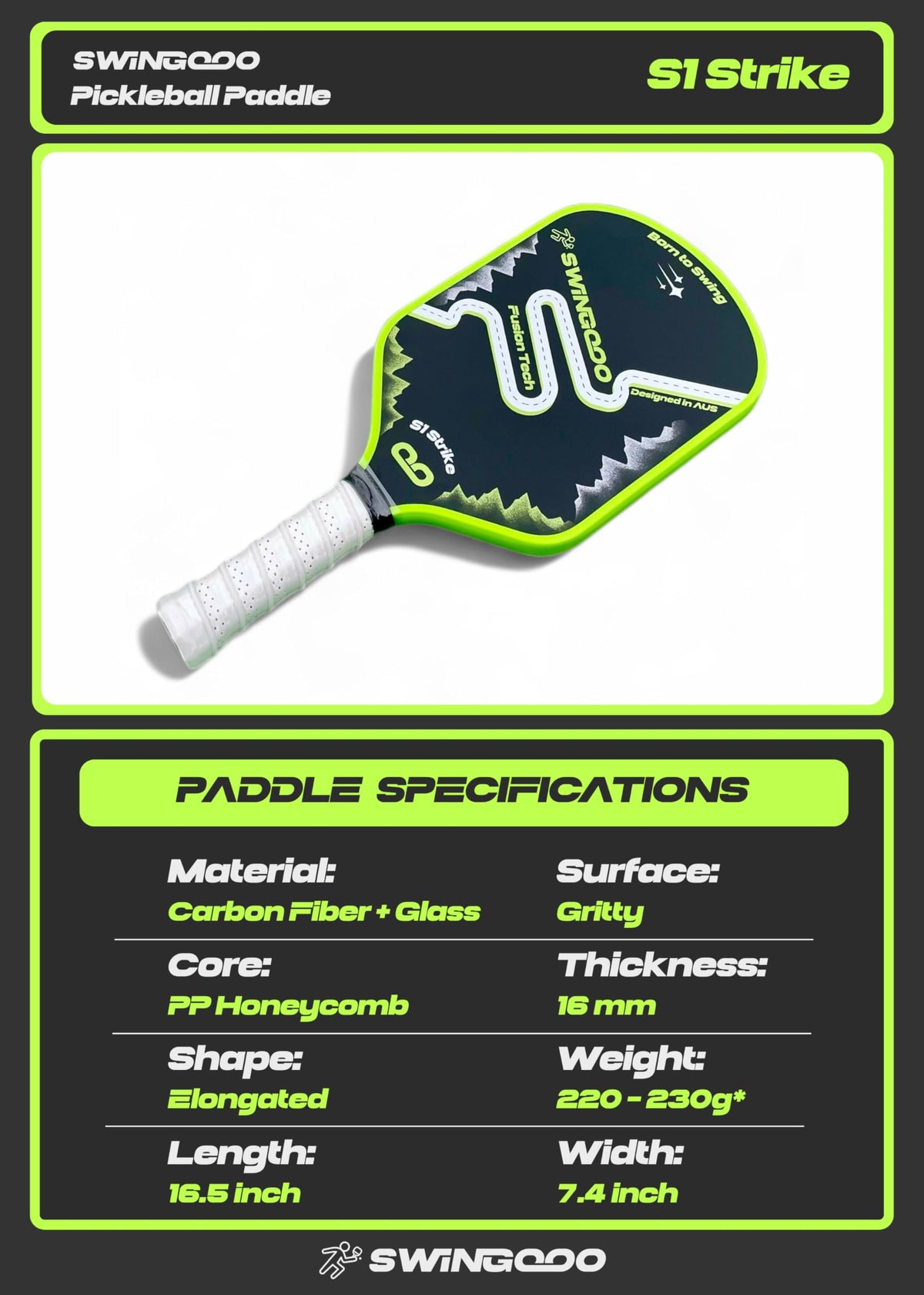 Swingooo Pickleball Paddle Carbon Fiber Fiberglass Polypropylene 16mm NEW