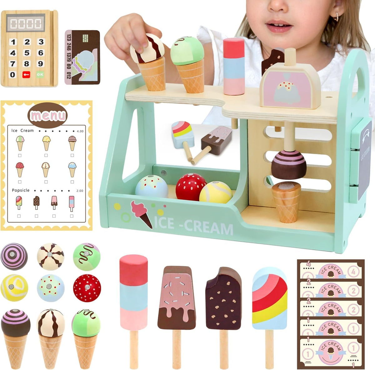 Uandhome Wooden Ice Cream Pretend Play Set Child-Size Cooking & Baking Kits NEW